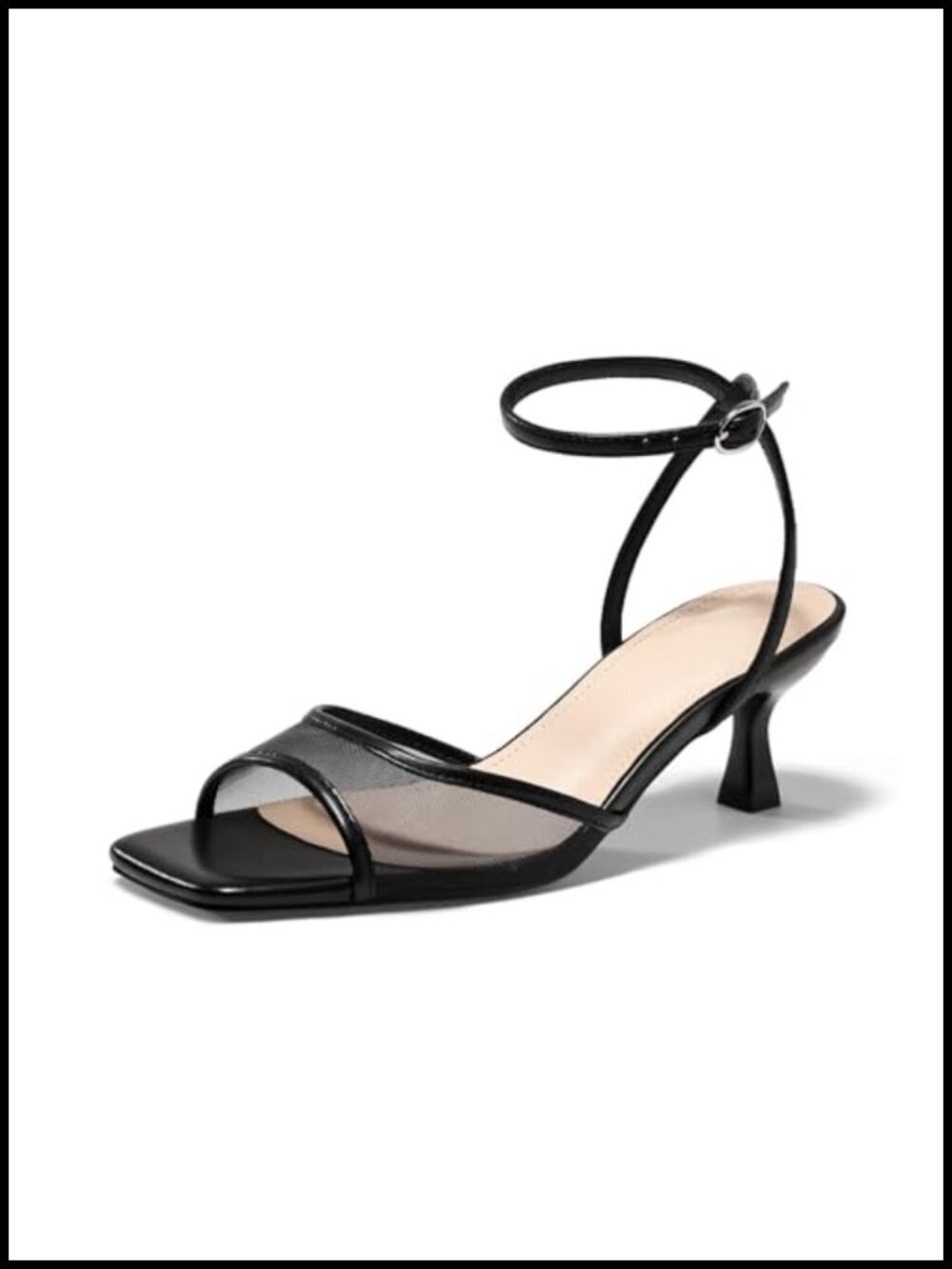 Strappy Mesh Kitten Heel Sandals with Adjustable Buckle, Square Open Toe